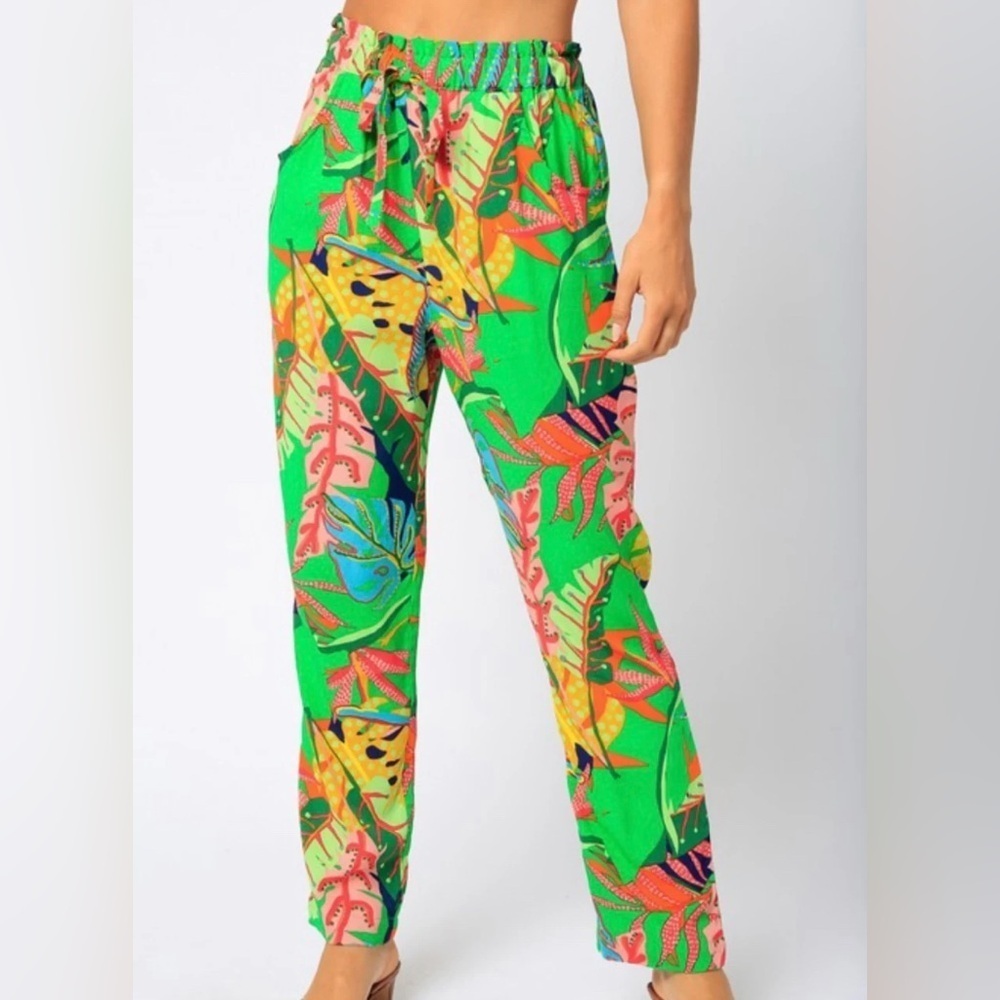 Olivaceous Vibrant Green Tropical Print Pants Size S - Picture 3 of 13